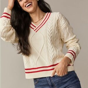 Lenore Varsity Pullover Sweater Cream Red Stripe Preppy Mi ami V-Neck Knit Top S